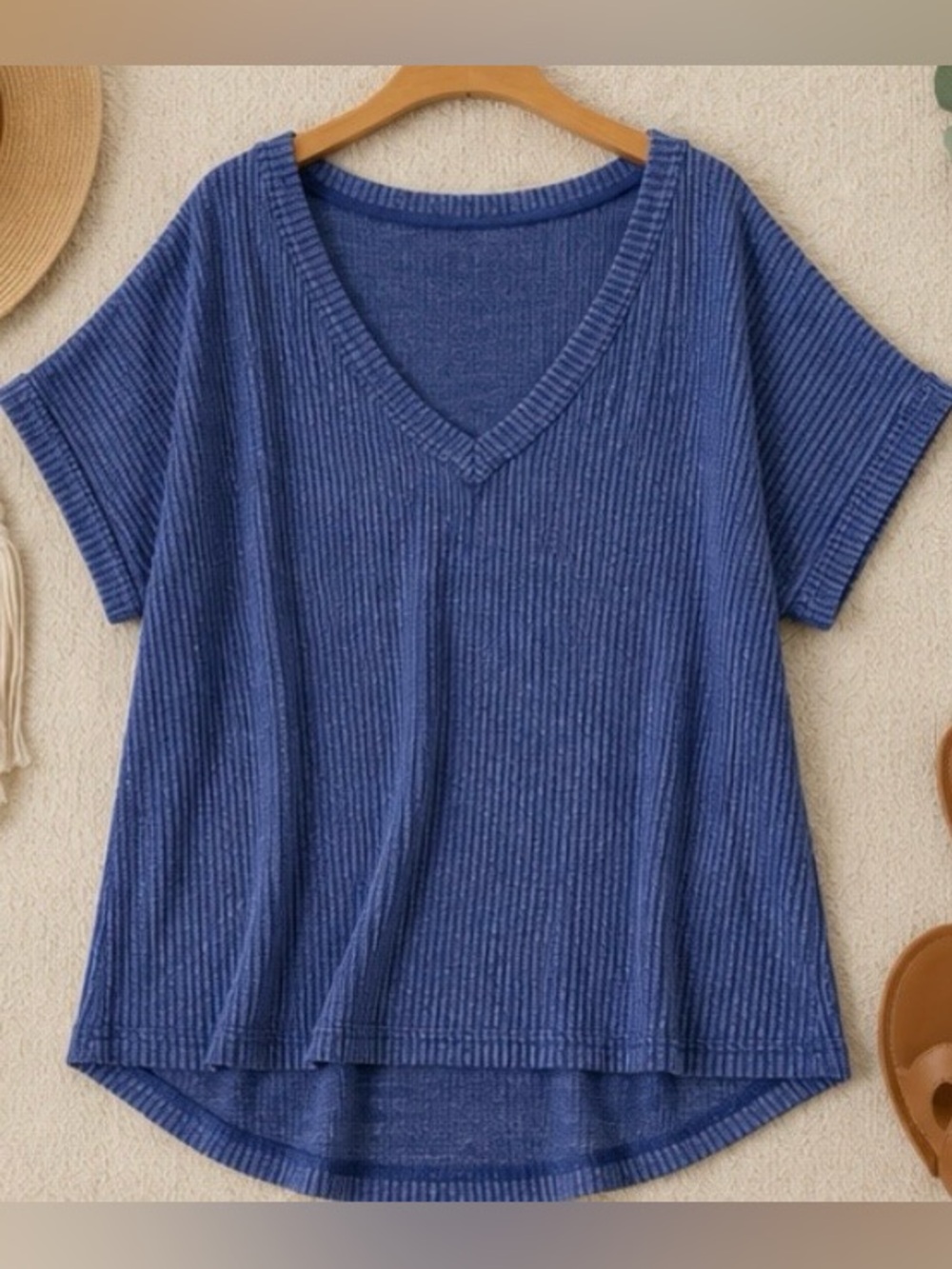 Perch by Blu Pepper 2X Blue Ribbed V Neck Knit Top Oversized - Picture 4 of 6
